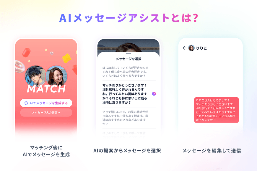 男性ユーザーが初回メッセージを送る際に生成AIから文章の提案を受けられる
